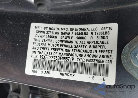 2016 Honda Civic Ex из США, поврежденный, VIN 19XFC2F75GE065719